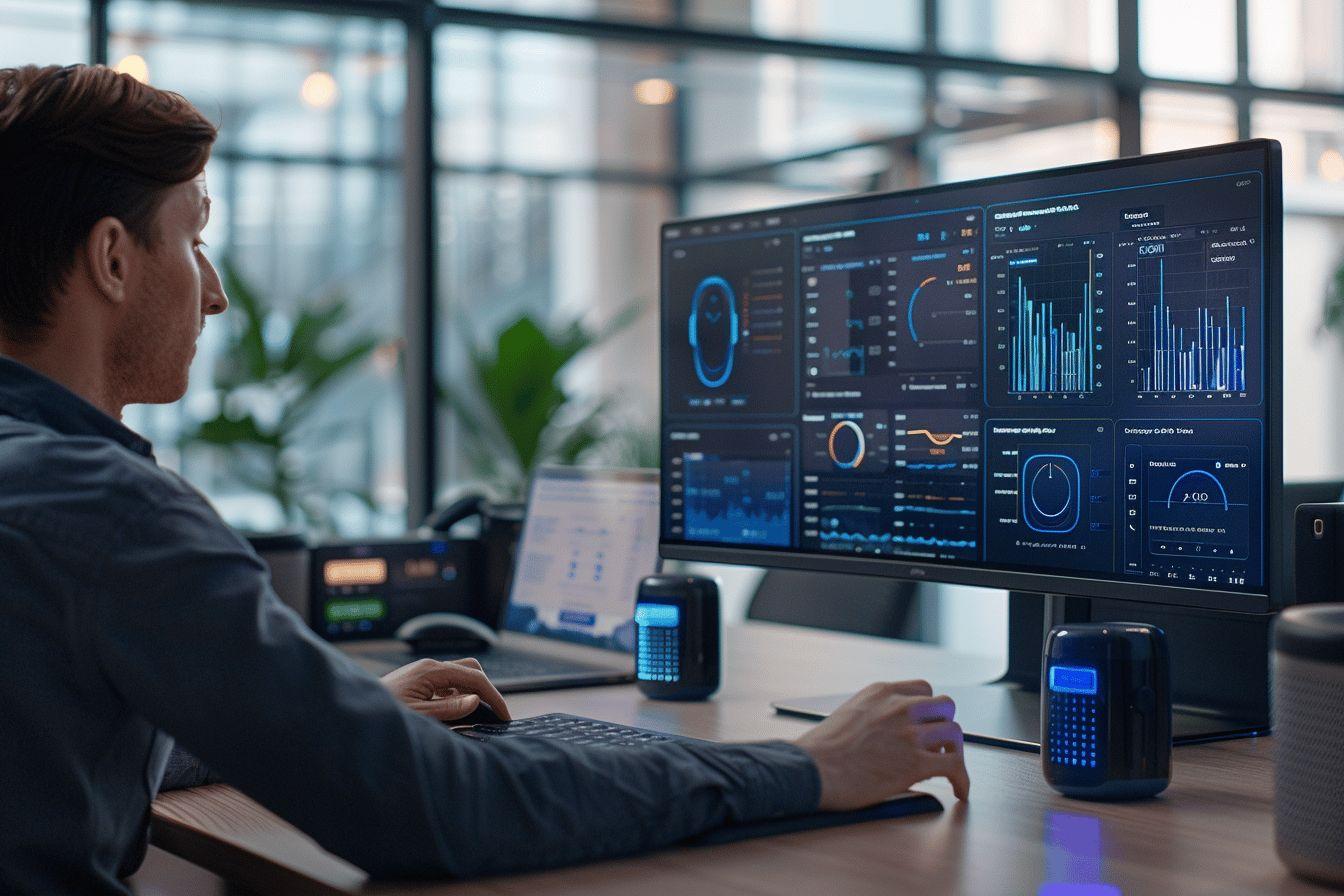 Professionnel travaillant sur des tableaux de bord num&eacute;riques complexes