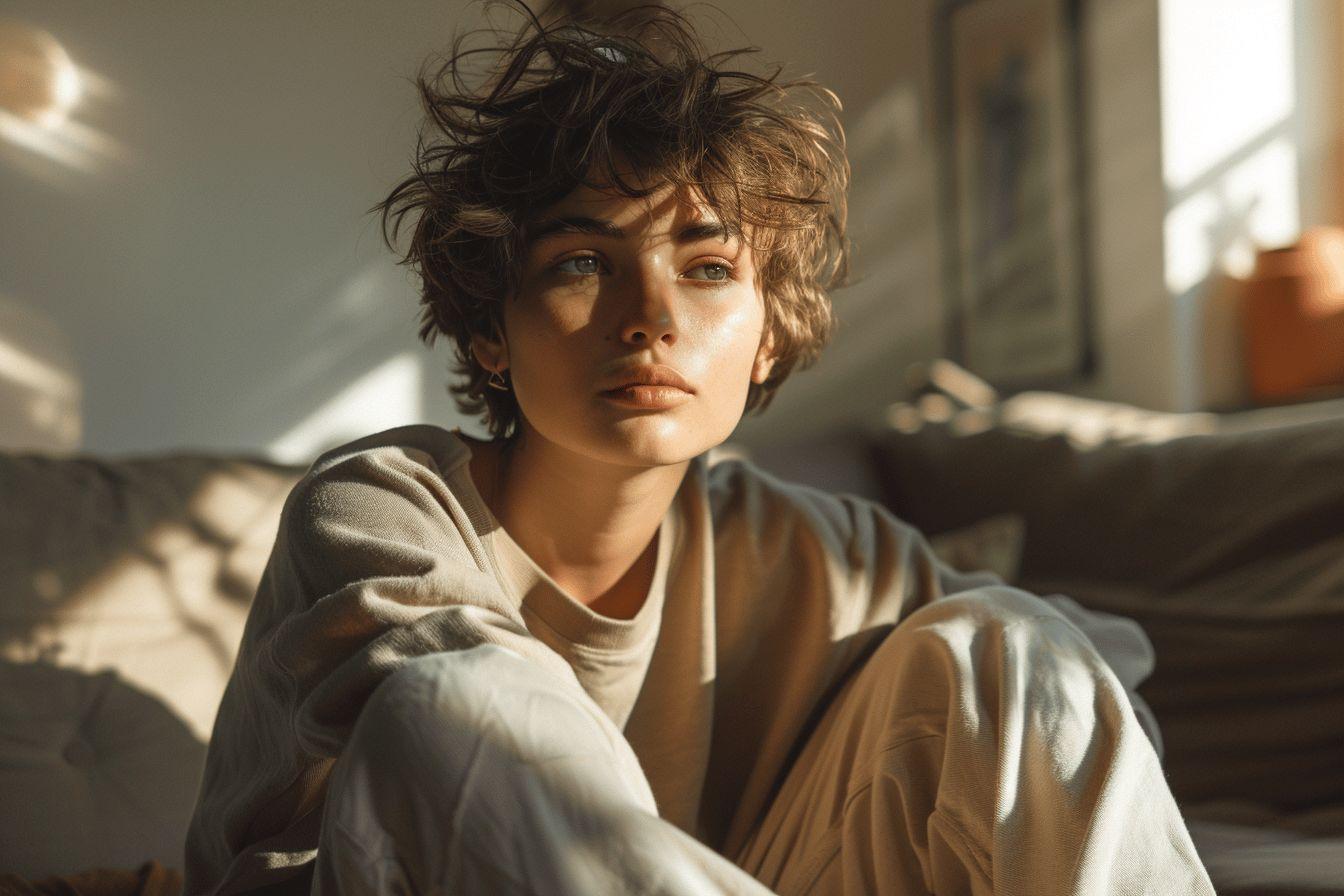 Jeune personne pensive assise pr&egrave;s d'une fen&ecirc;tre