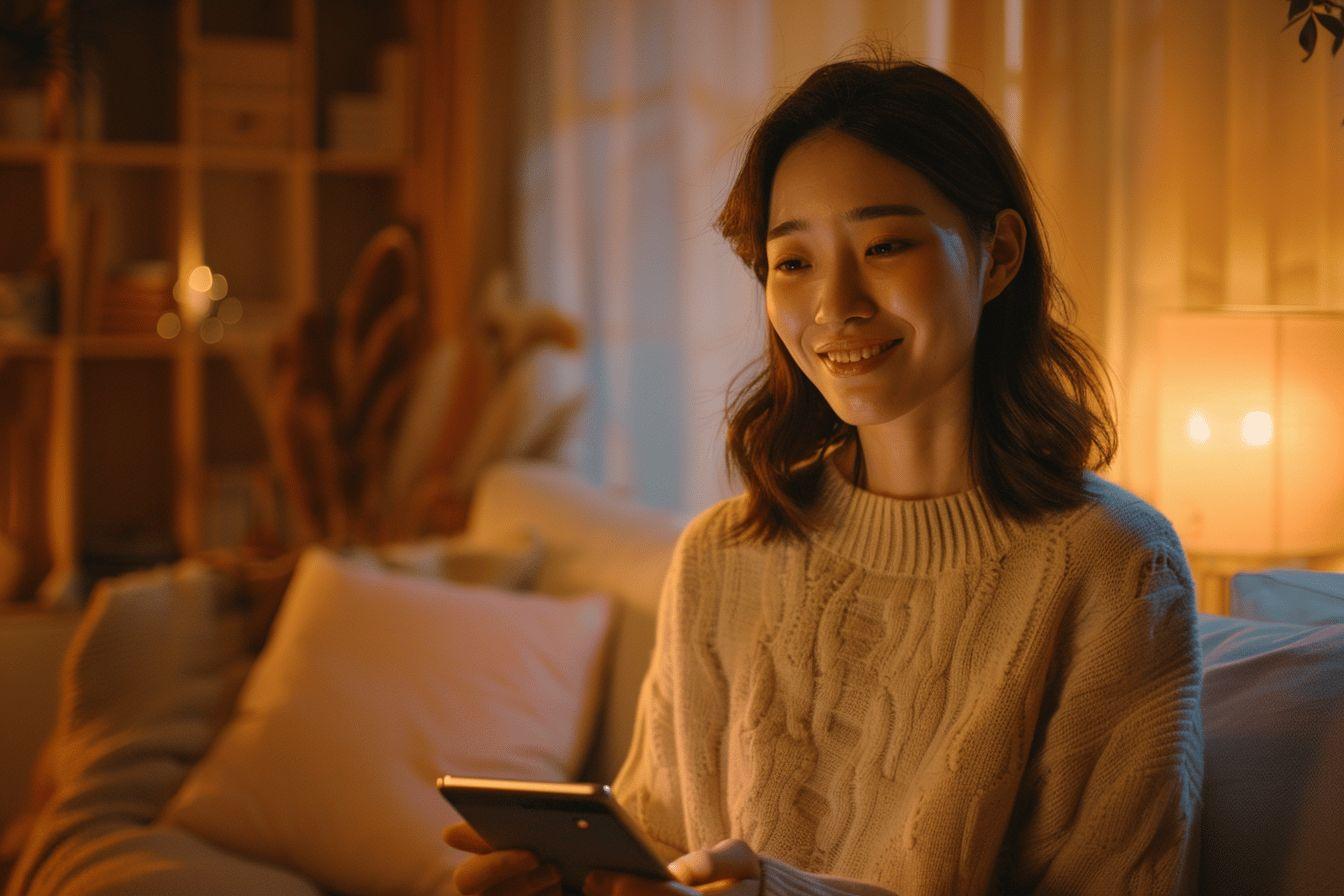 Femme souriante dans un pull tricot&eacute;, &eacute;clairage chaleureux