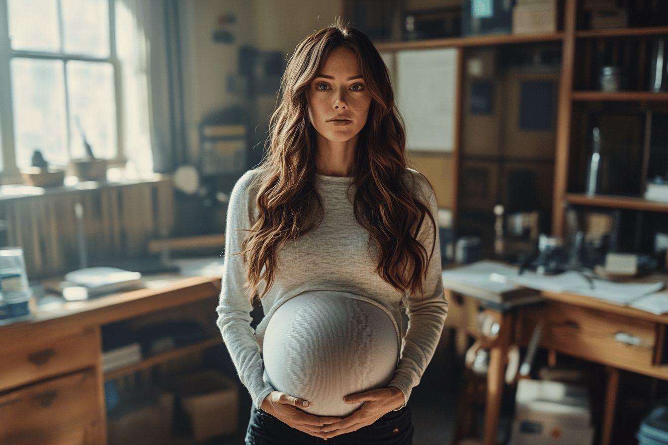 Femme enceinte en gris dans un environnement de travail lumineux