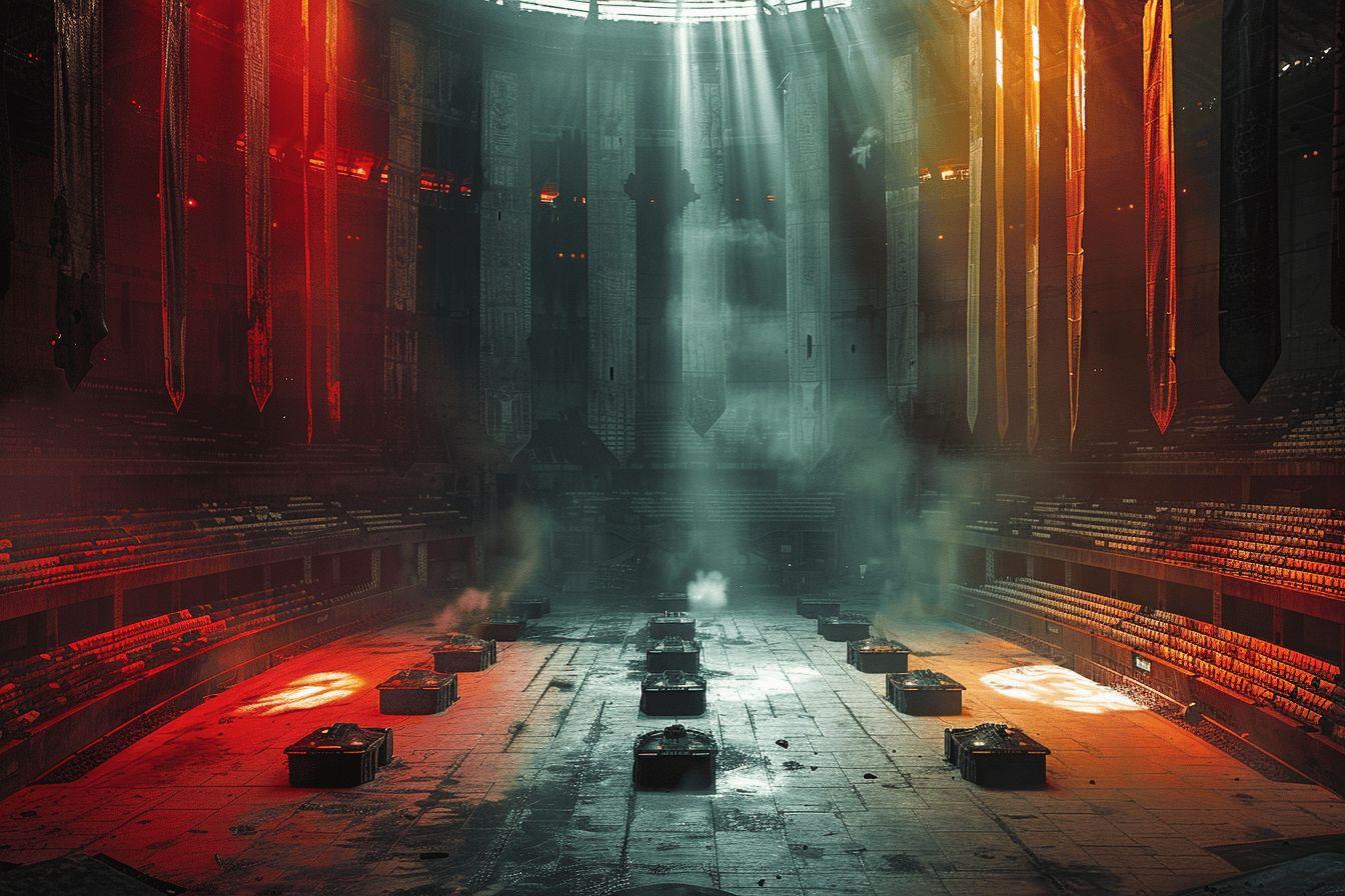 Int&eacute;rieur sombre avec bo&icirc;tes myst&eacute;rieuses et lumi&egrave;res dramatiques