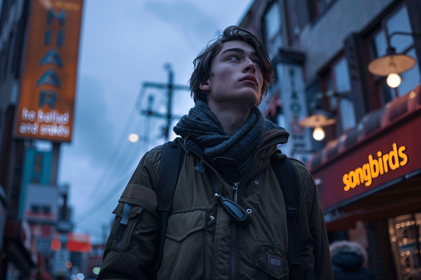 Jeune homme au style urbain dans une rue avec néons
