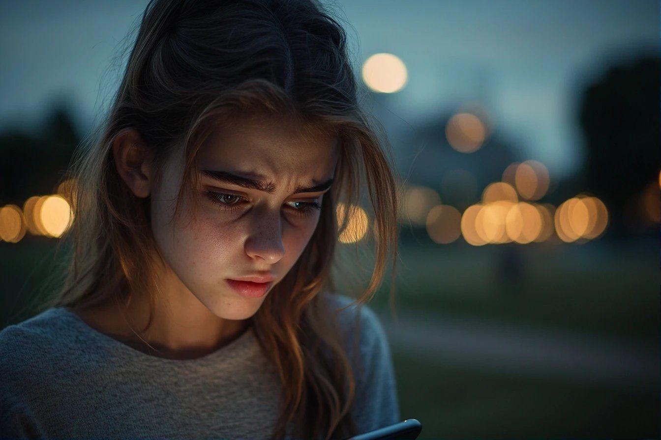 Jeune personne afflig&eacute;e regardant un t&eacute;l&eacute;phone le soir