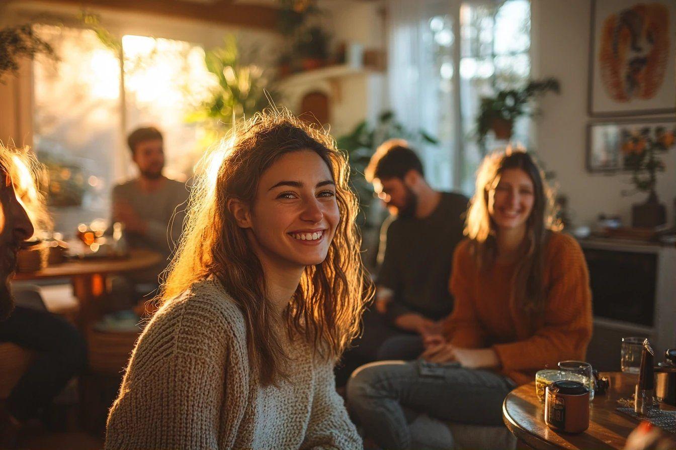 Groupe souriant dans un int&eacute;rieur chaleureux et lumineux