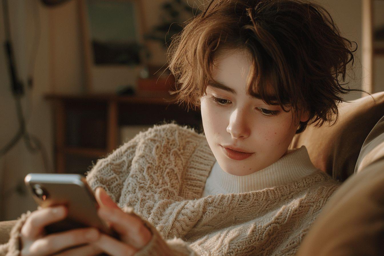 Adolescent en pull beige regardant attentivement son smartphone