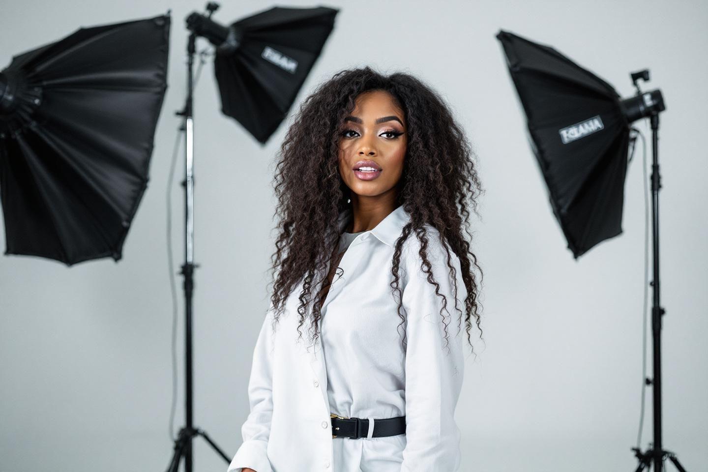 Femme en chemise blanche posant entre deux bo&icirc;tes lumi&egrave;re