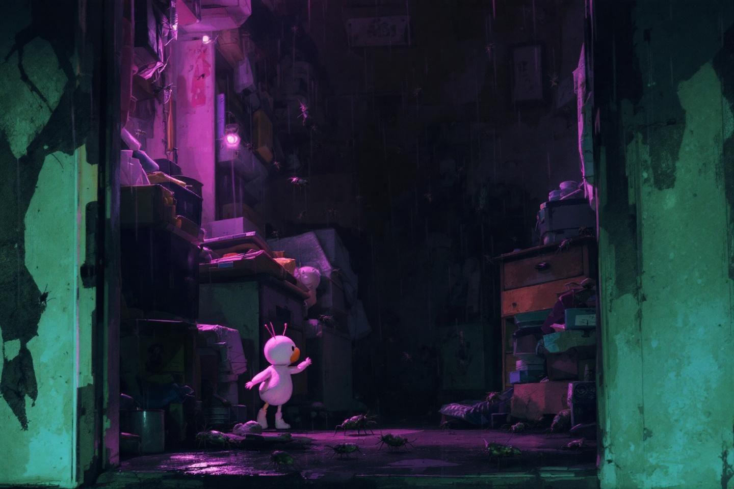 Personnage mignon rose dans un espace d&eacute;labr&eacute; et myst&eacute;rieux