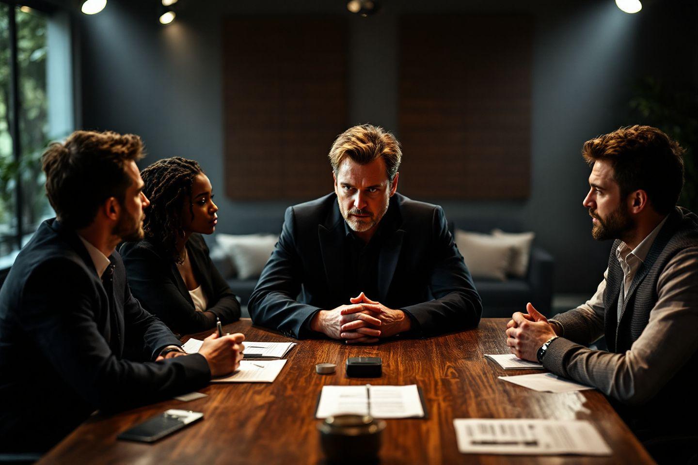 Quatre personnes autour d'une table dans un bureau sombre
