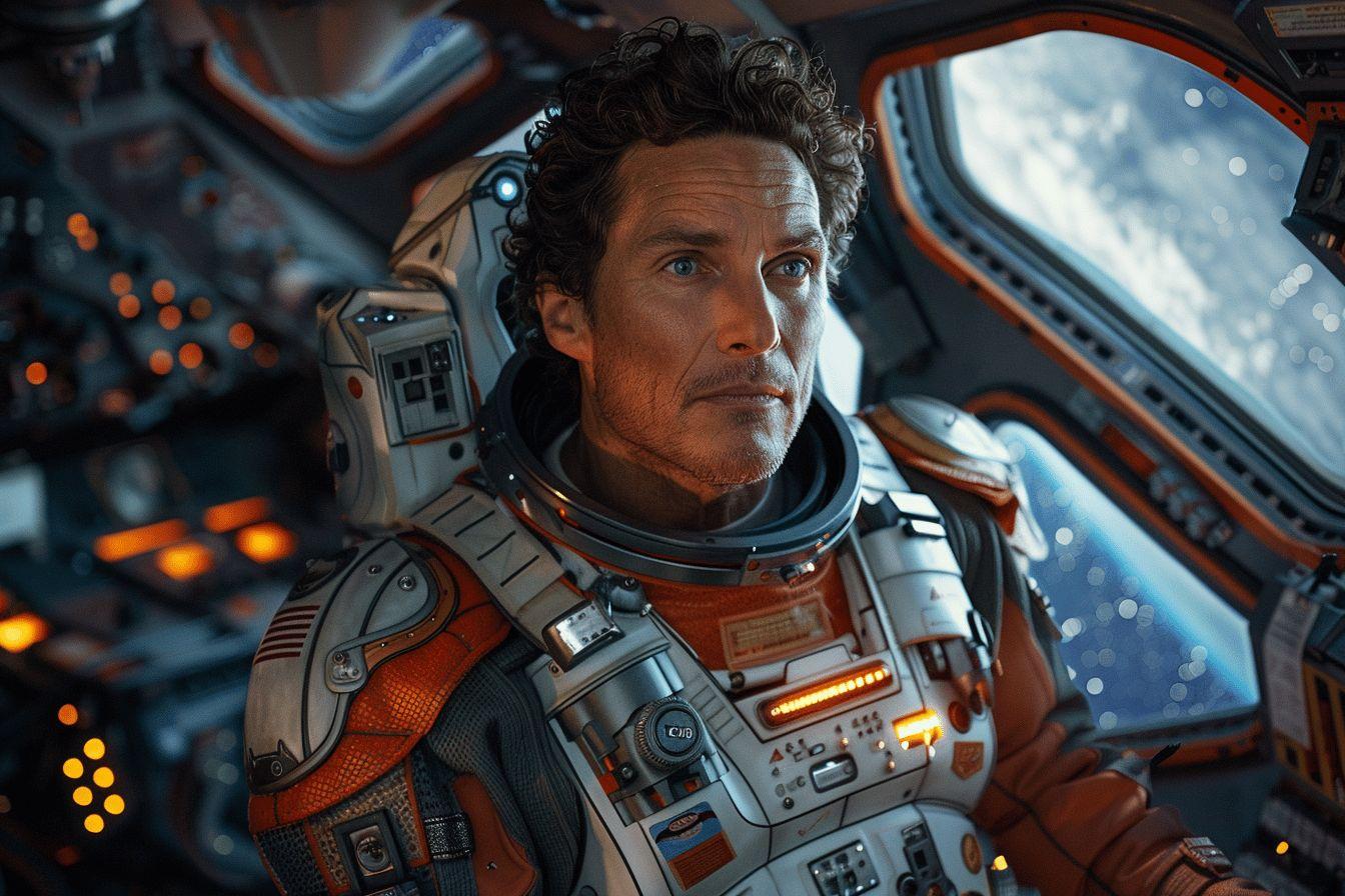 Homme en combinaison spatiale à l'intérieur d'un cockpit technologique