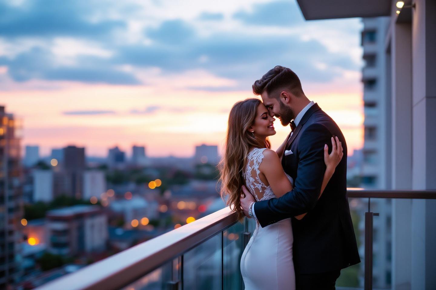 Couple enlacé sur un balcon avec vue sur la ville