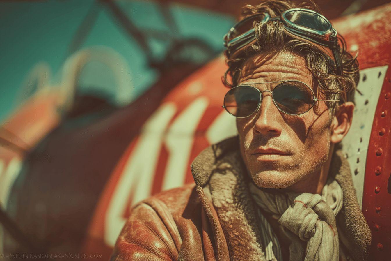 Aviateur r&eacute;tro avec lunettes et casque, posant pr&egrave;s d'un avion