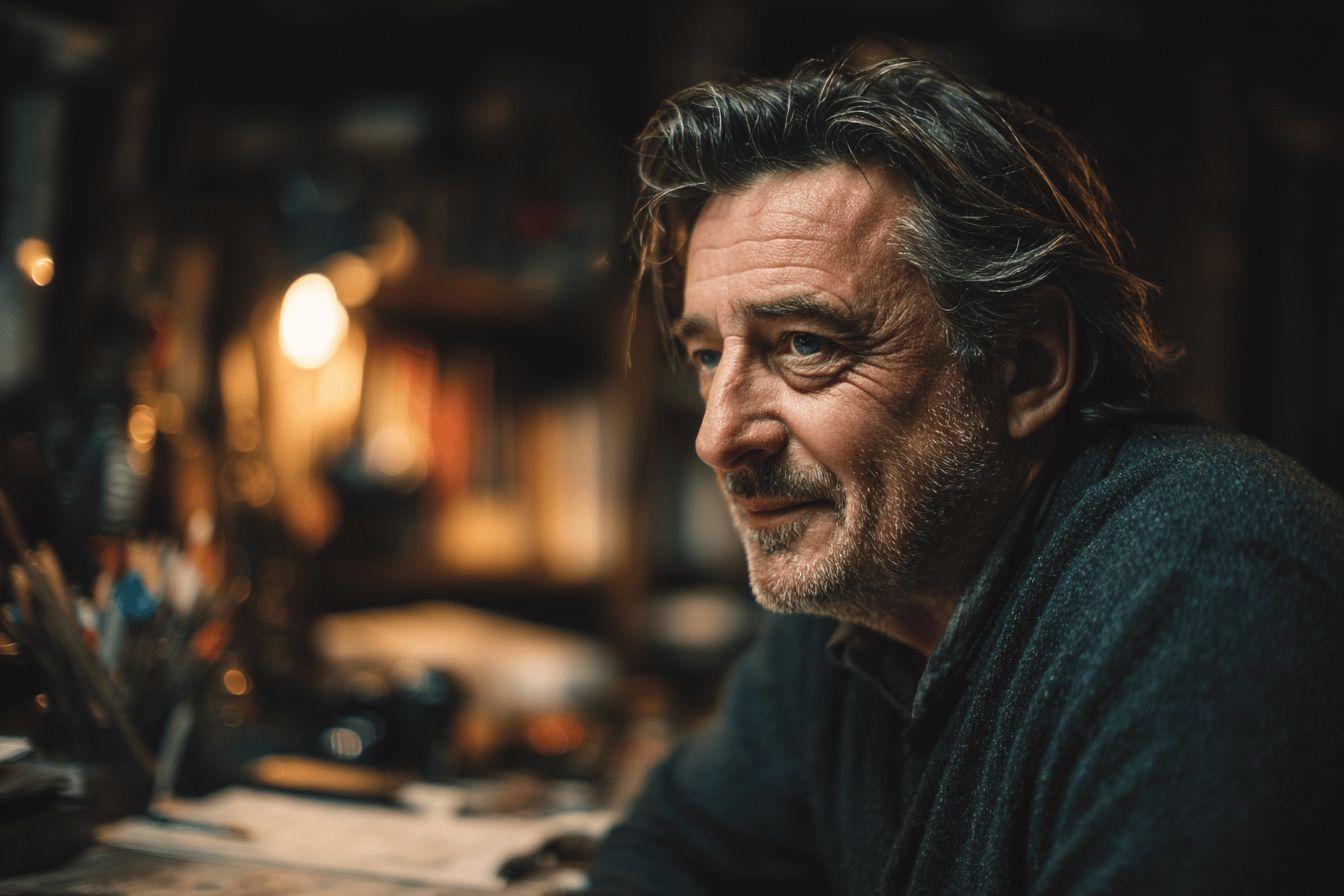 Vieil artisan aux cheveux gris travaillant dans un atelier chaleureux