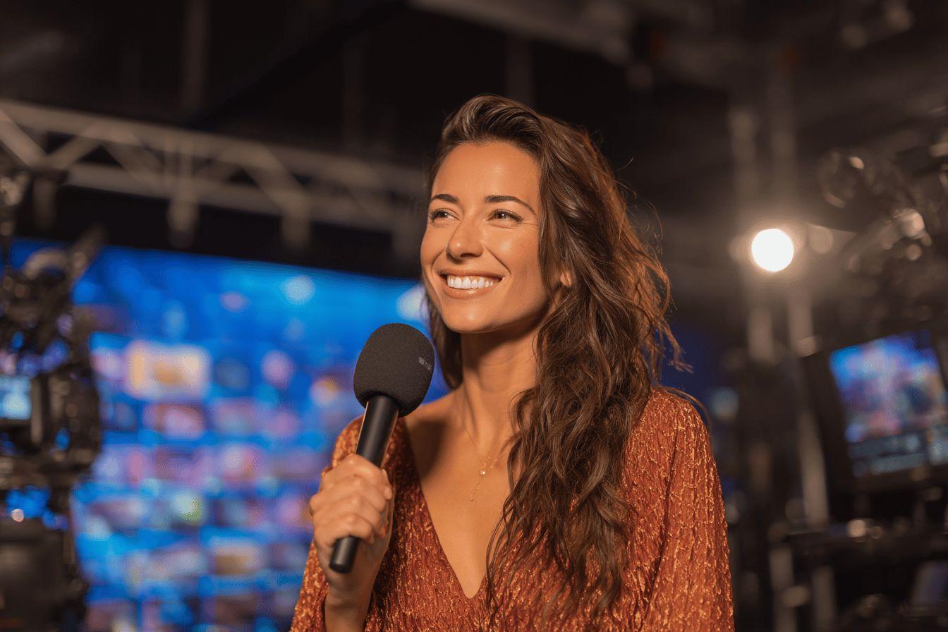 Femme élégante tenant un micro, souriant dans un studio TV