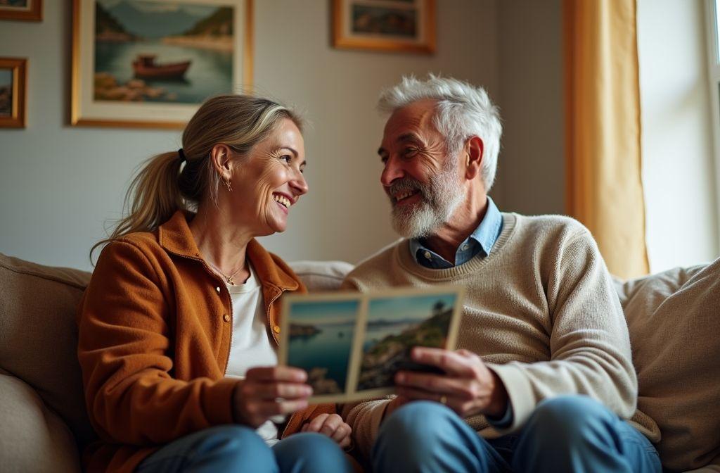 Couple a&icirc;n&eacute; regardant des photos ensemble sur un canap&eacute;