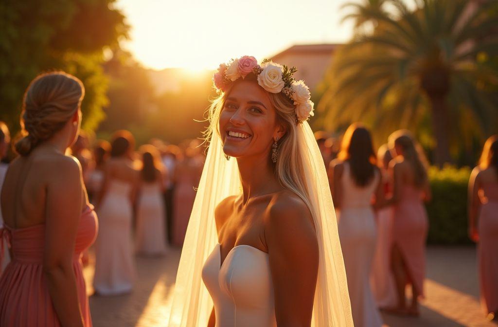 Femme heureuse en robe blanche, couronne florale, lumi&egrave;re dor&eacute;e