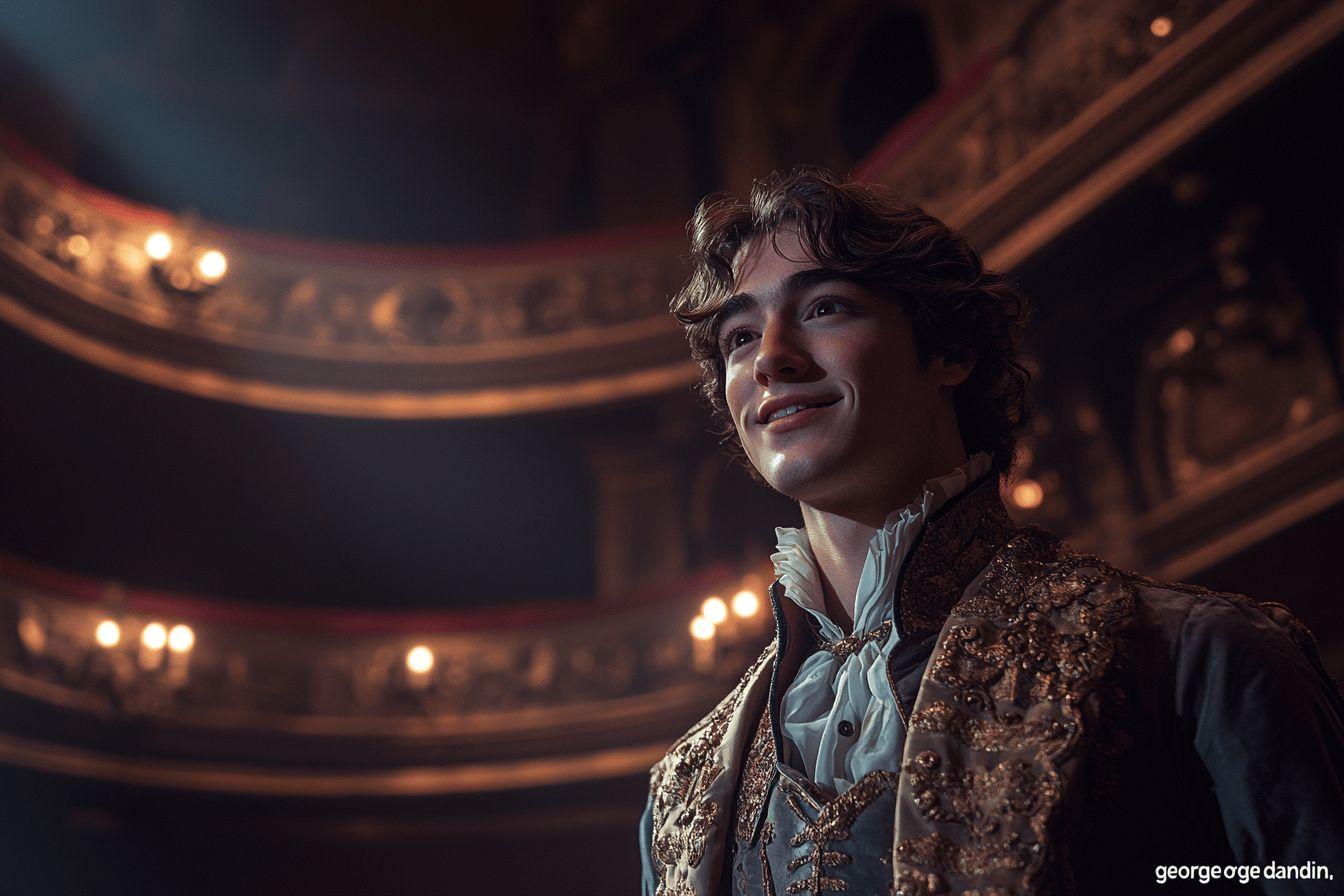 Acteur en costume baroque sur sc&egrave;ne &eacute;clair&eacute;e