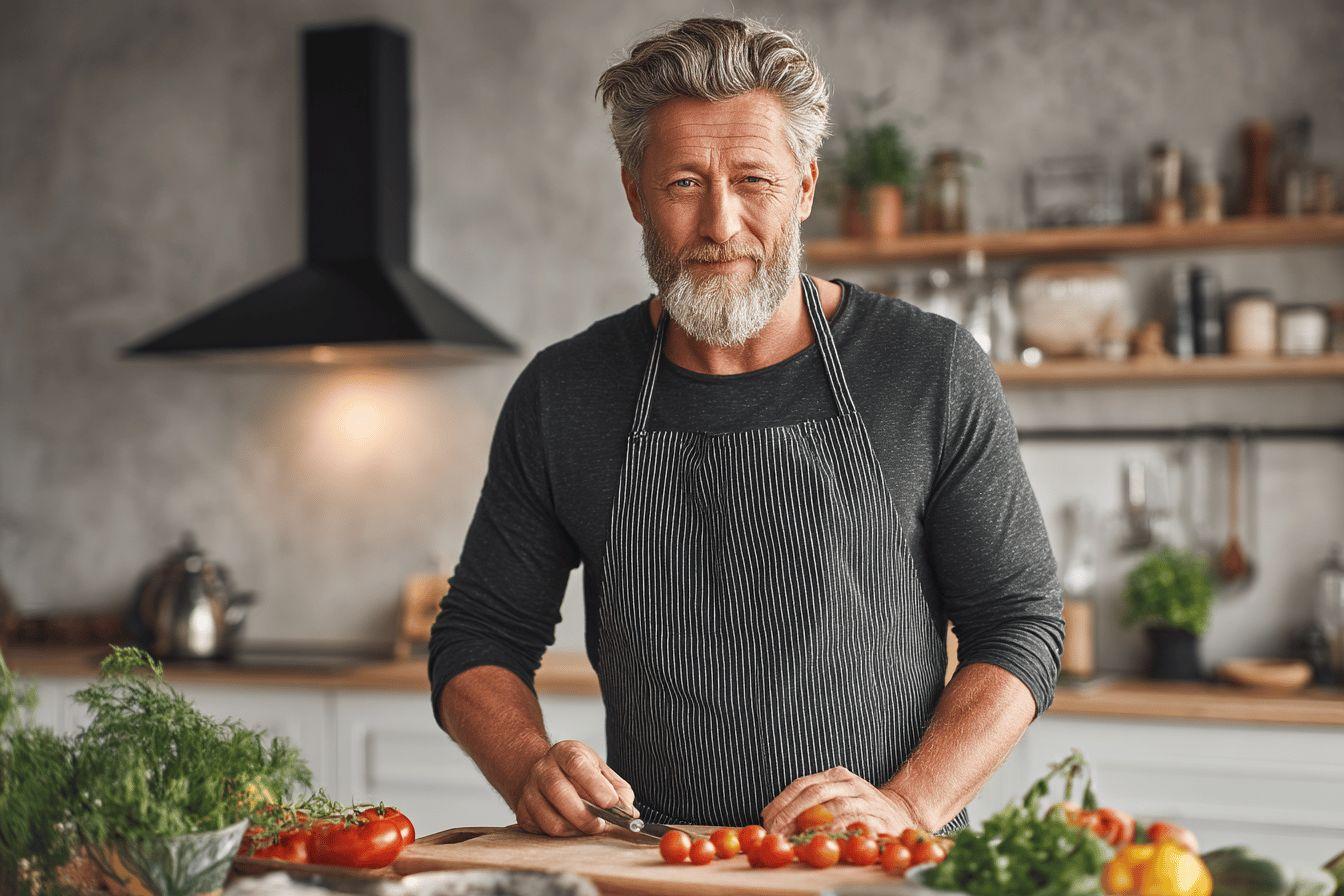 Homme barbu en tablier dans une cuisine avec des tomates