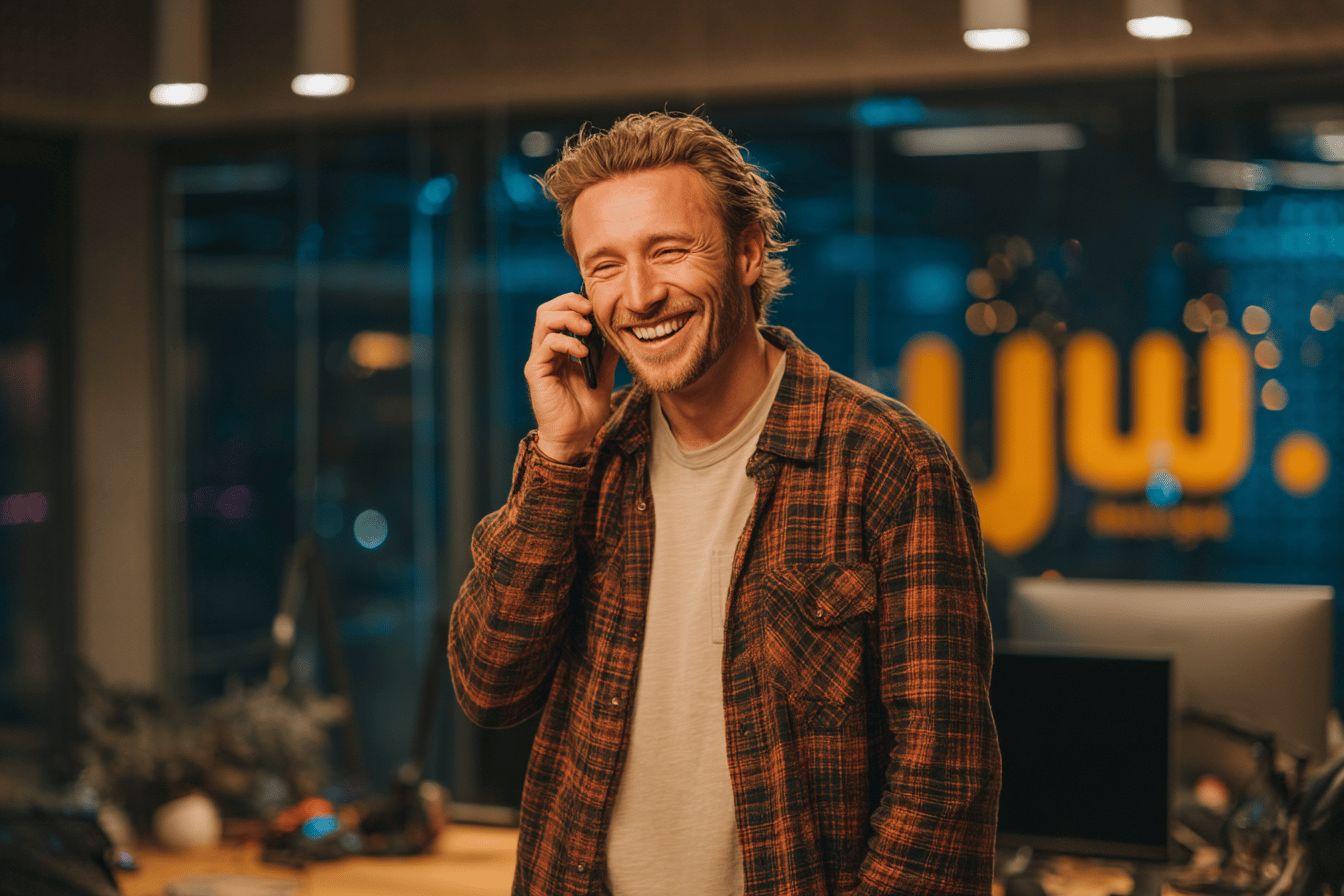 Homme souriant joyeusement en chemise &agrave; carreaux