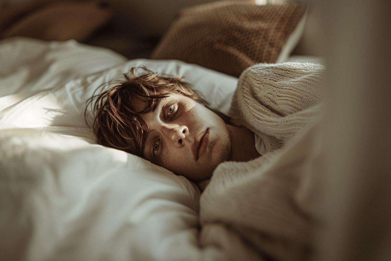 Personne m&eacute;lancolique allong&eacute;e dans un lit confortable