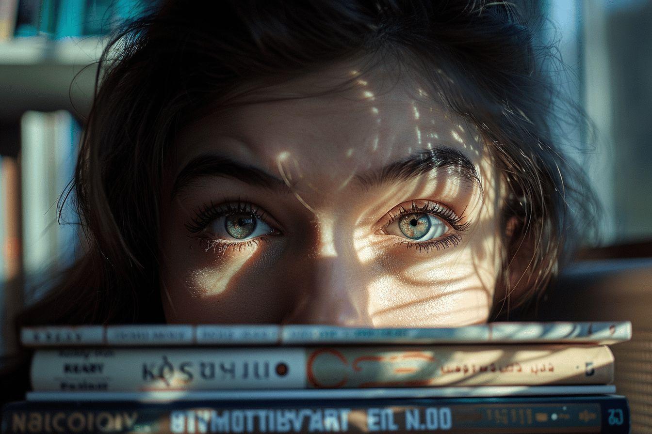 Yeux bleus fascinants &agrave; travers des ombres et des livres