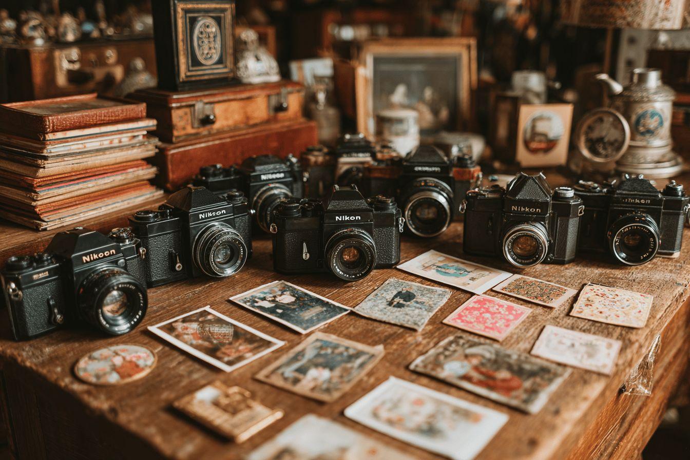 Appareils photo anciens Nikon dispos&eacute;s pr&egrave;s de photos vintage