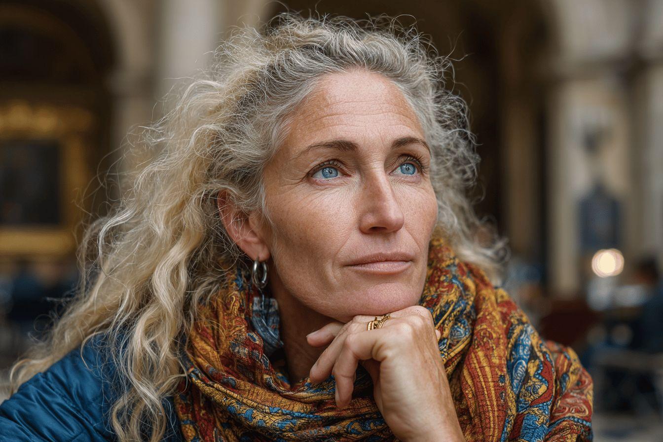 Portrait d'une femme &acirc;g&eacute;e aux cheveux gris boucl&eacute;s