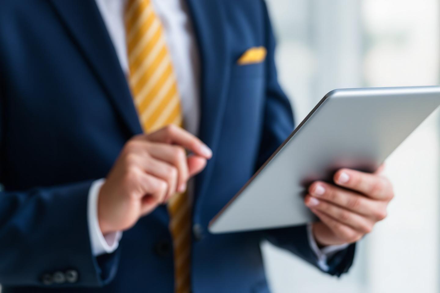 Cadre en costume bleu consultant une tablette tactile