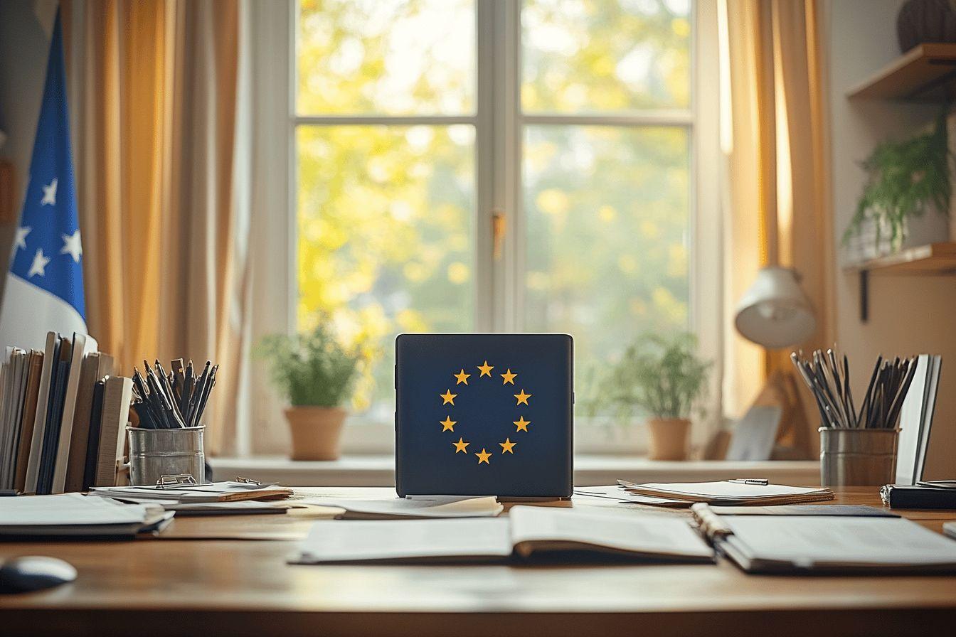 Espace de travail avec drapeau de l'Union europ&eacute;enne