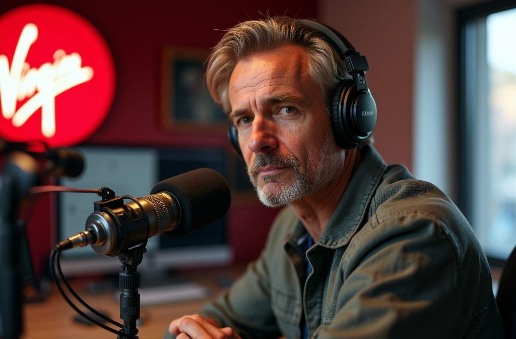 Un homme mature en studio radio avec microphone et logo