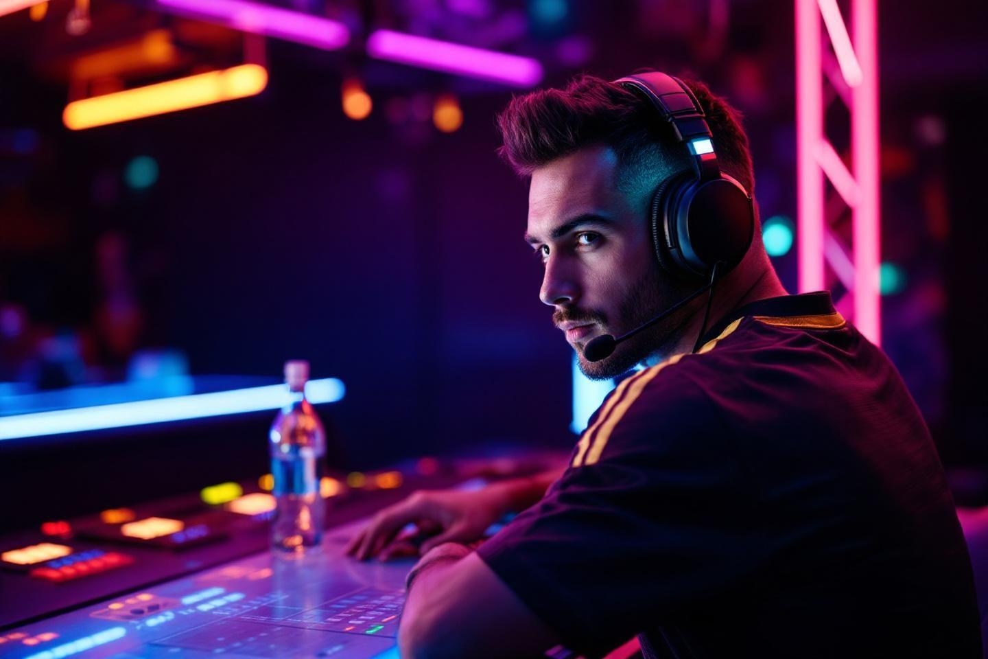 Gamer portant des &eacute;couteurs dans un environnement lumineux color&eacute;