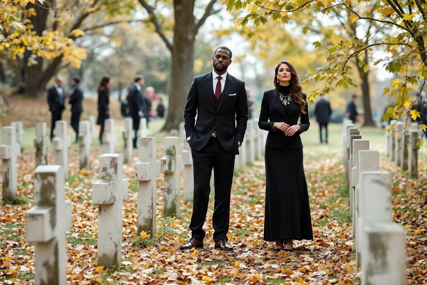 Couple en noir se tenant debout entre des tombes de pierre