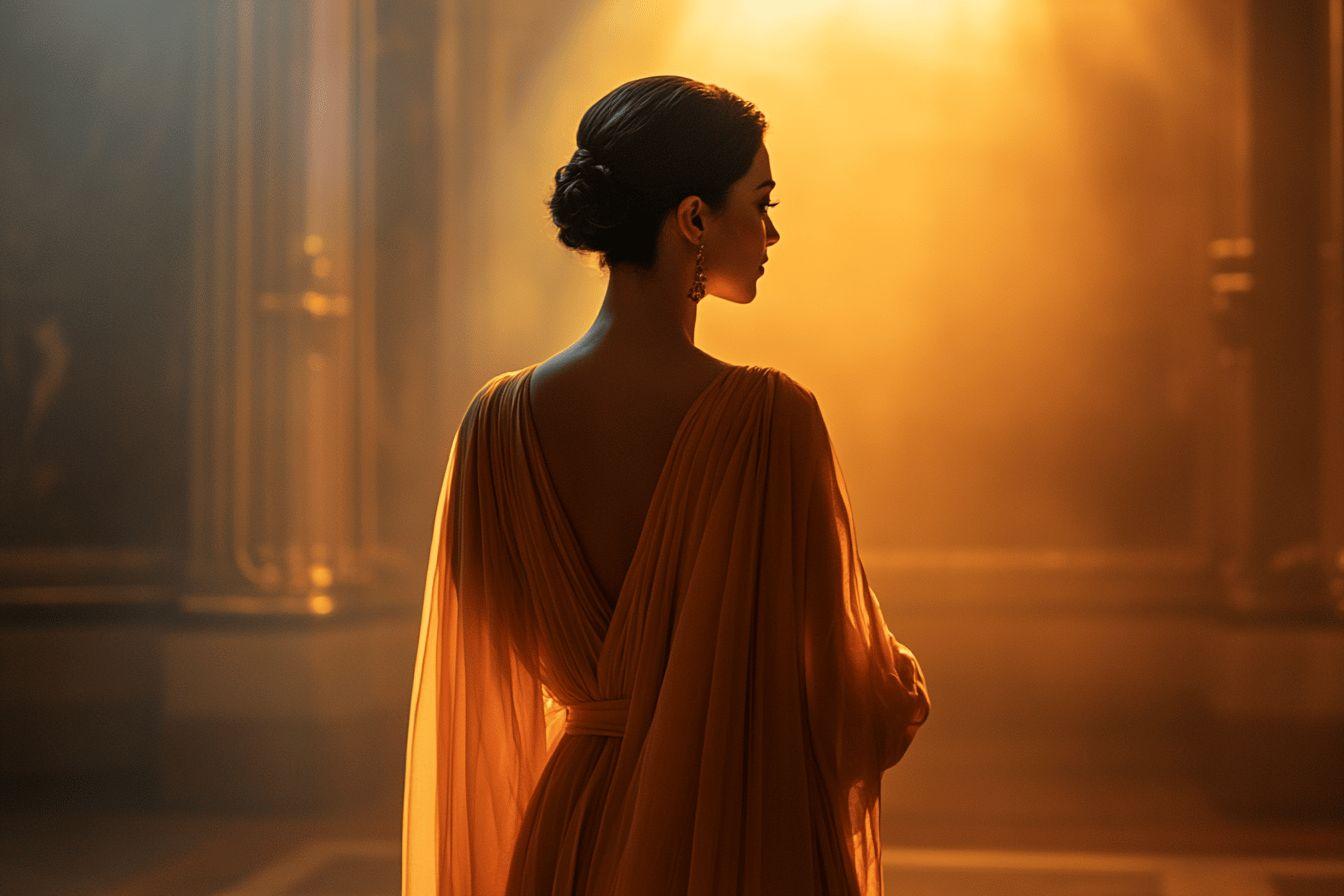 Femme de dos dans une robe fluide, lumi&egrave;re ambr&eacute;e