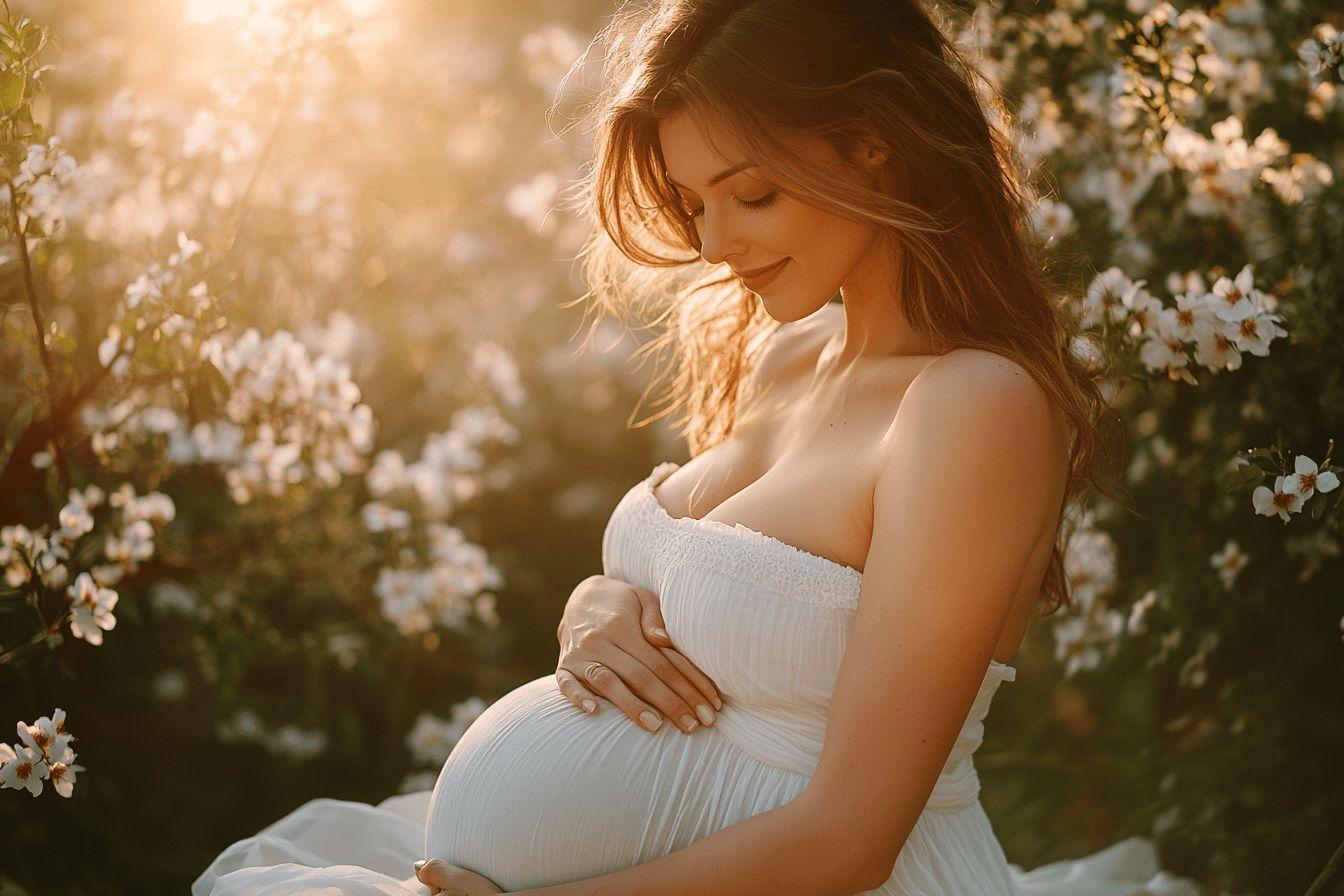 Femme enceinte dans un jardin fleuri, lumi&egrave;re douce et sereine