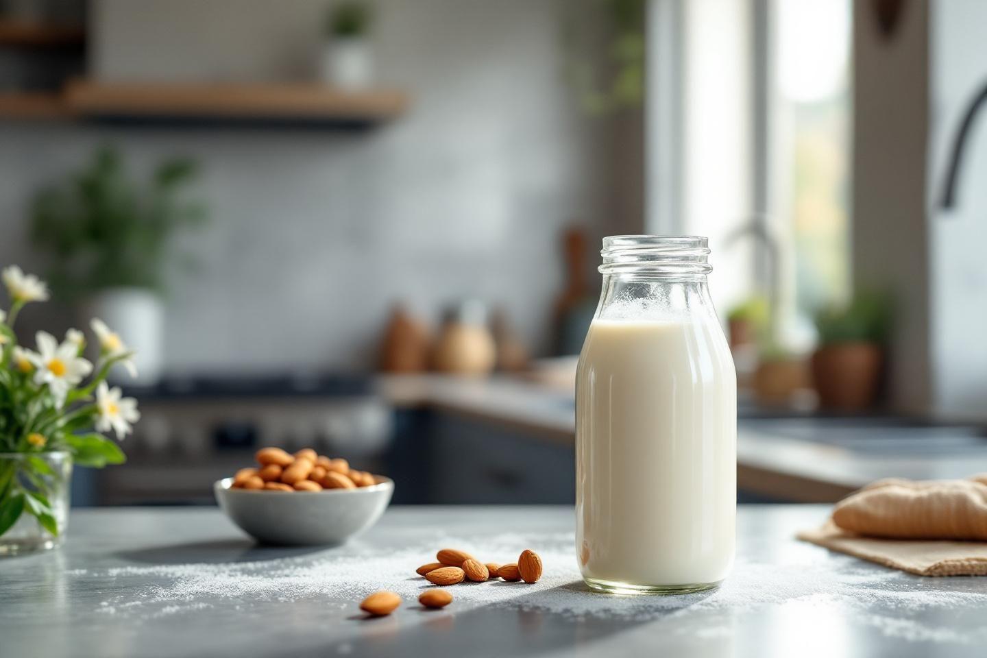 Bouteille de lait d'amande avec des amandes sur une table de cuisine