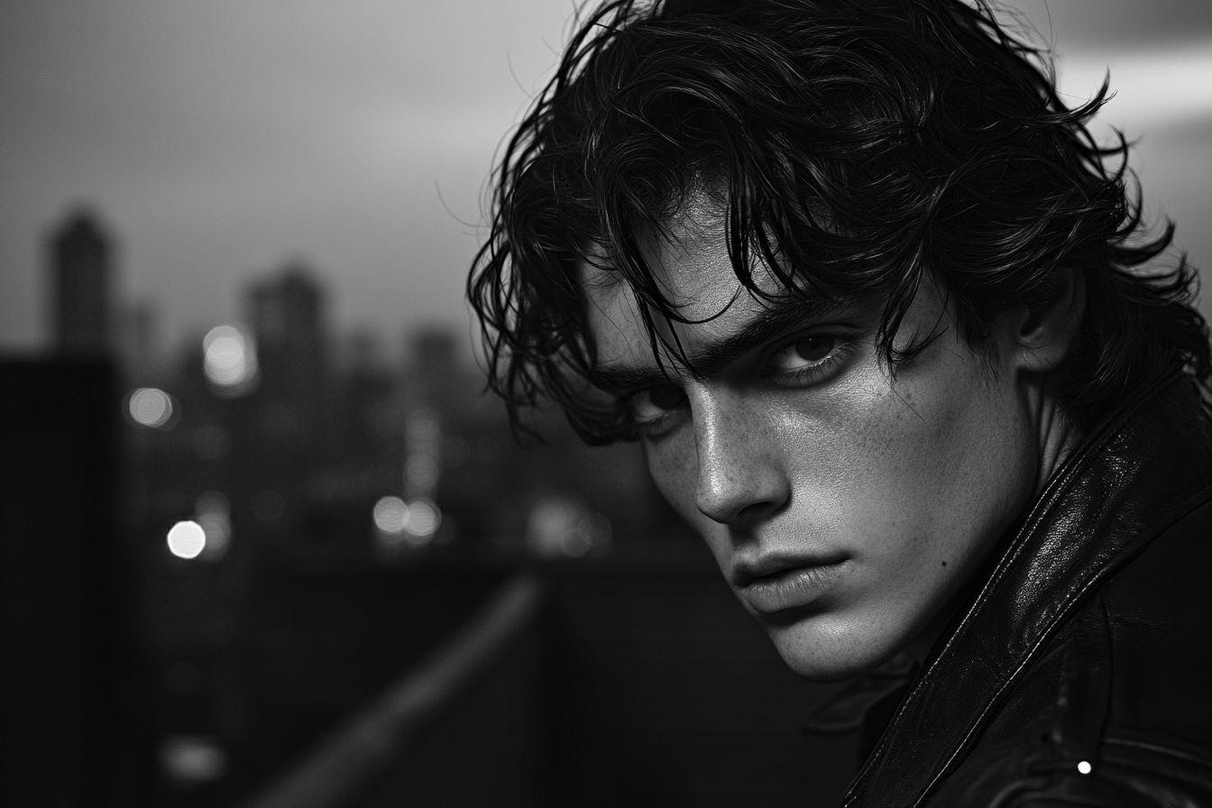 Portrait noir et blanc d'un jeune homme aux cheveux bouclés