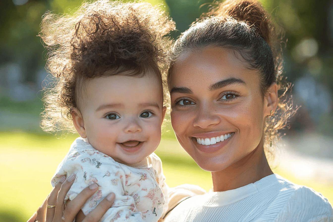 Jeune femme heureuse tenant un bébé adorable à l'extérieur