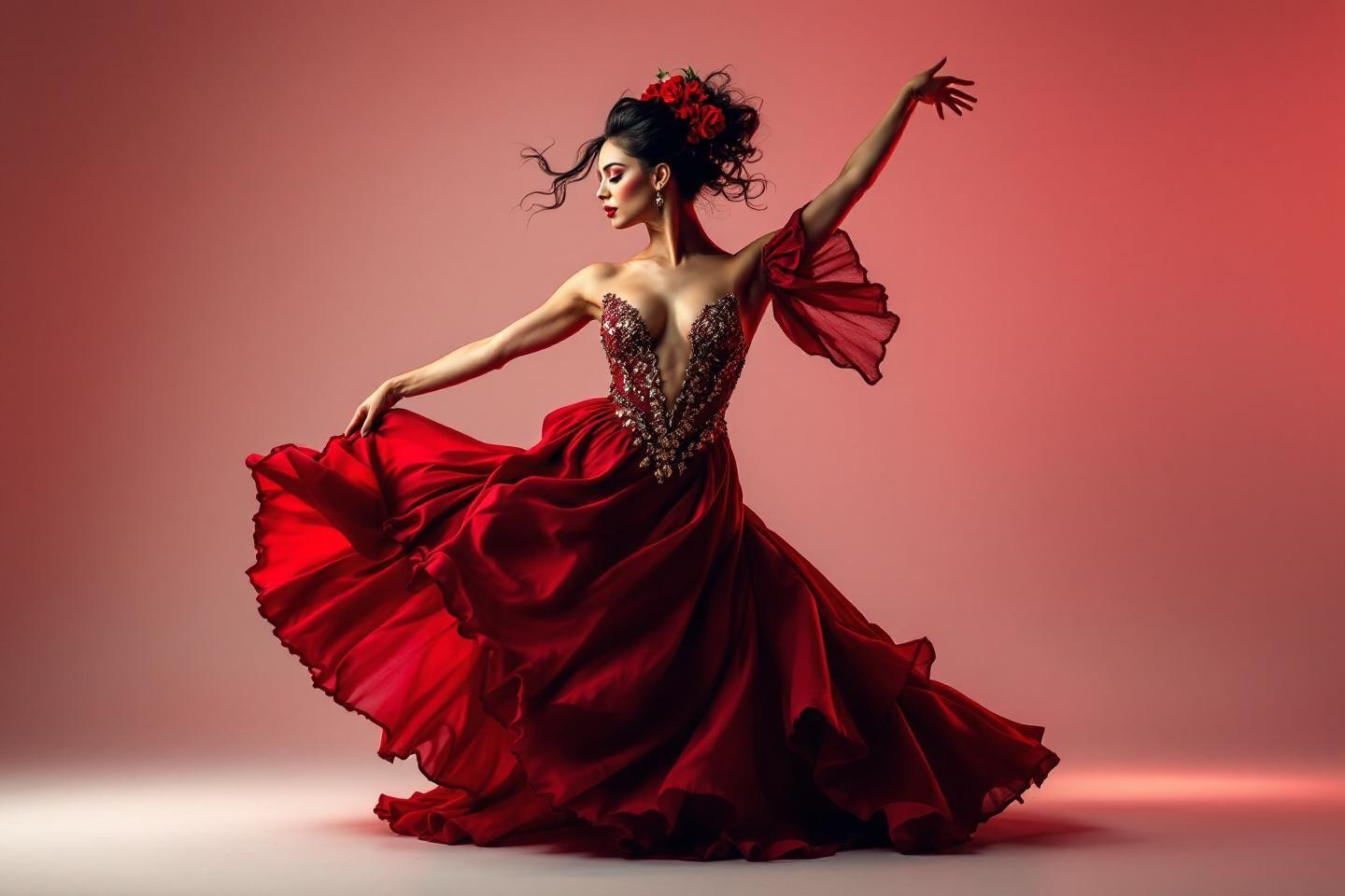 Femme en robe rouge virevoltante, dansant avec gr&acirc;ce