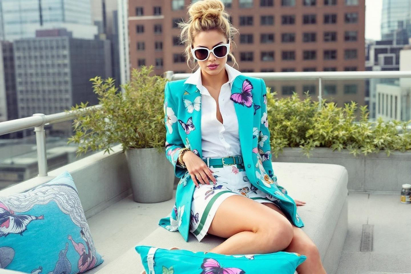 Femme &agrave; la mode en tenue papillons sur terrasse citadine