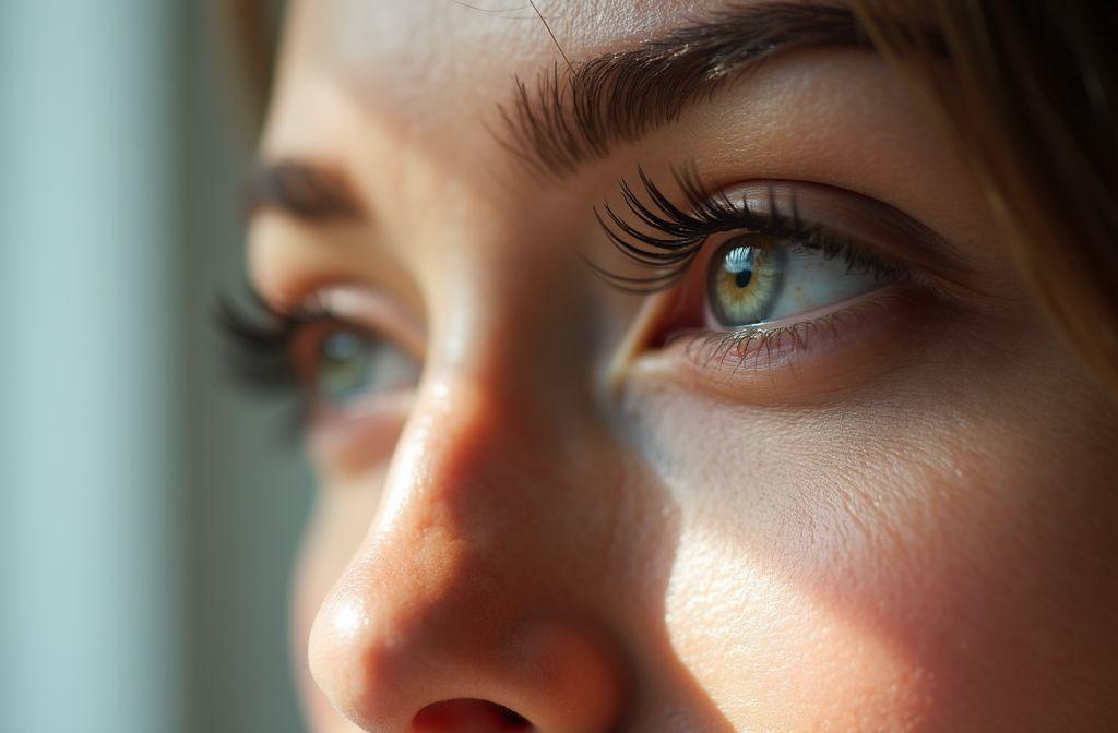 Détail d'un visage avec des yeux verts et de longs cils