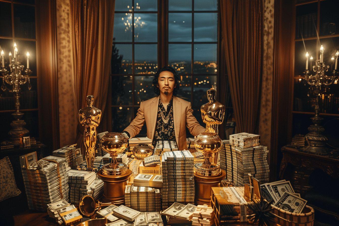 Homme entour&eacute; d'or, d'argent et de statuettes d'Oscar dans un bureau luxueux