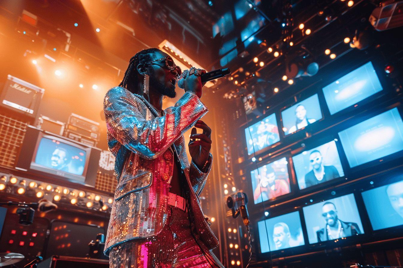 Une artiste v&ecirc;tue d'un costume color&eacute; et scintillant chante sur sc&egrave;ne entour&eacute;e d'&eacute;crans lumineux.
