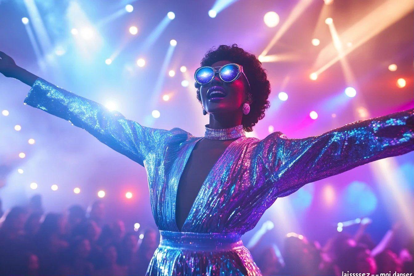Danseur disco en tenue scintillante sous lumi&egrave;res color&eacute;es