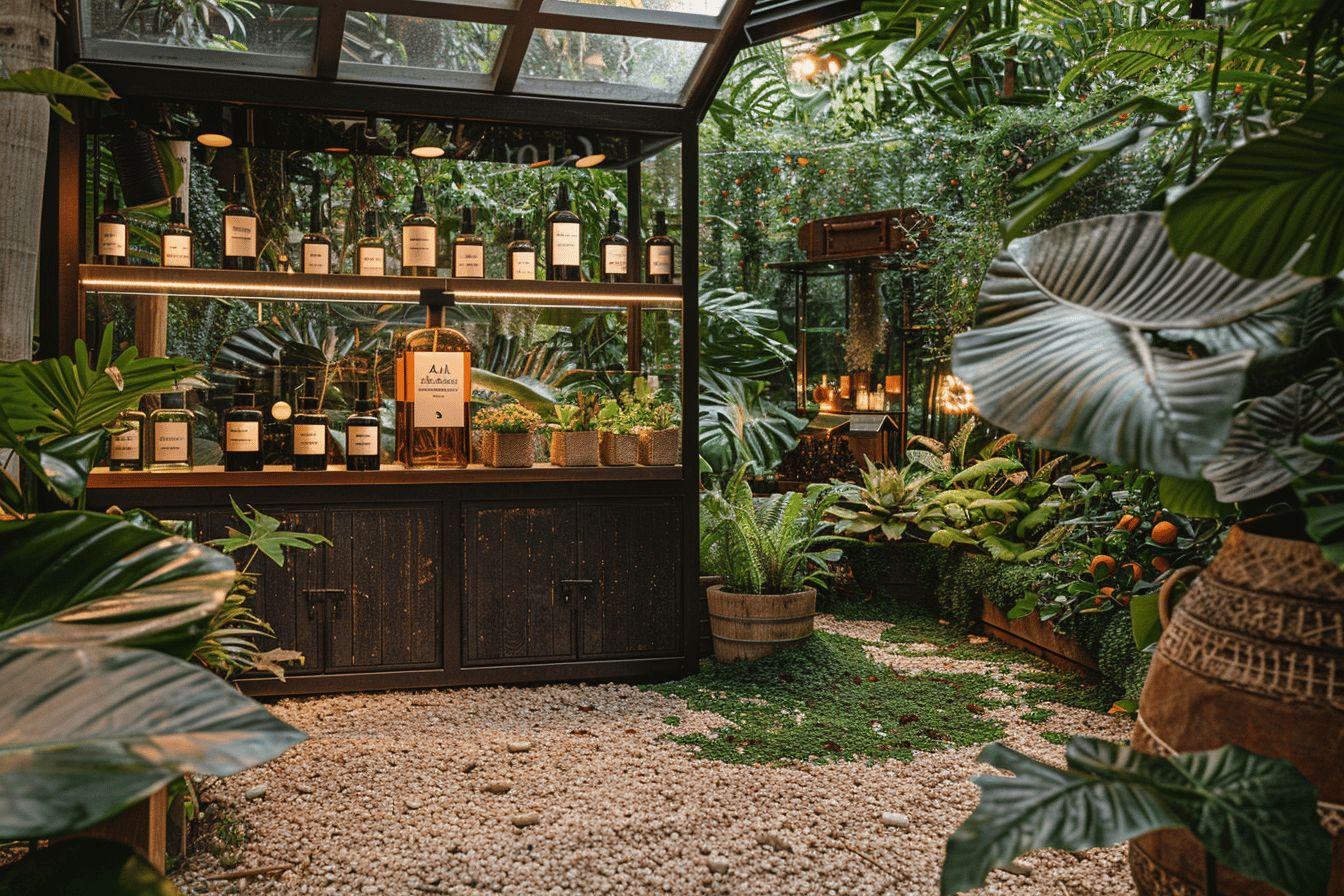 Int&eacute;rieur verdoyant avec bar en bois, plantes tropicales et d&eacute;corations