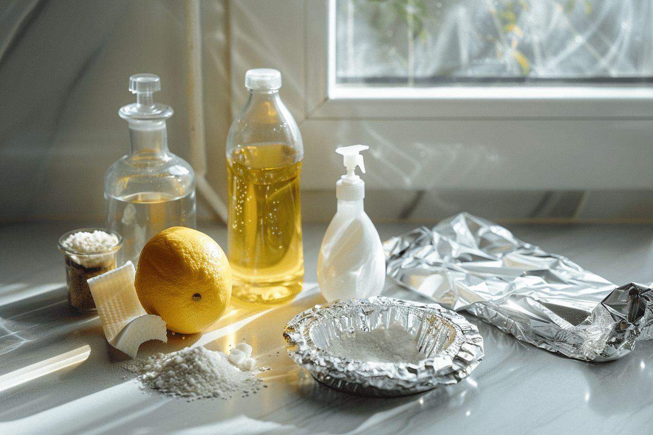 Une vari&eacute;t&eacute; d'ingr&eacute;dients de cuisine naturels, tels que du citron, du sel, et des contenants en verre.