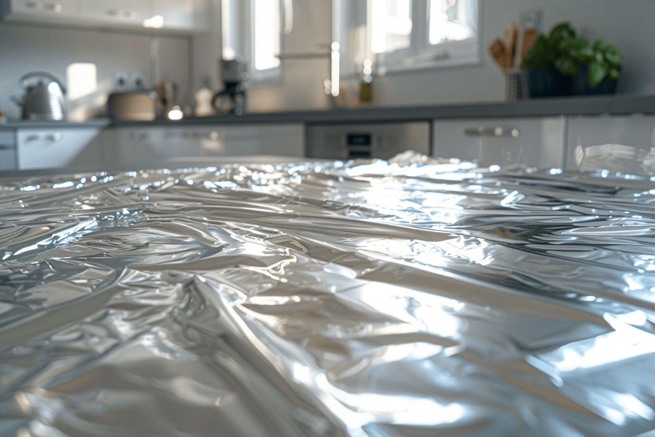 Gros plan sur une surface d'aluminium avec des gouttes d'eau brillantes.