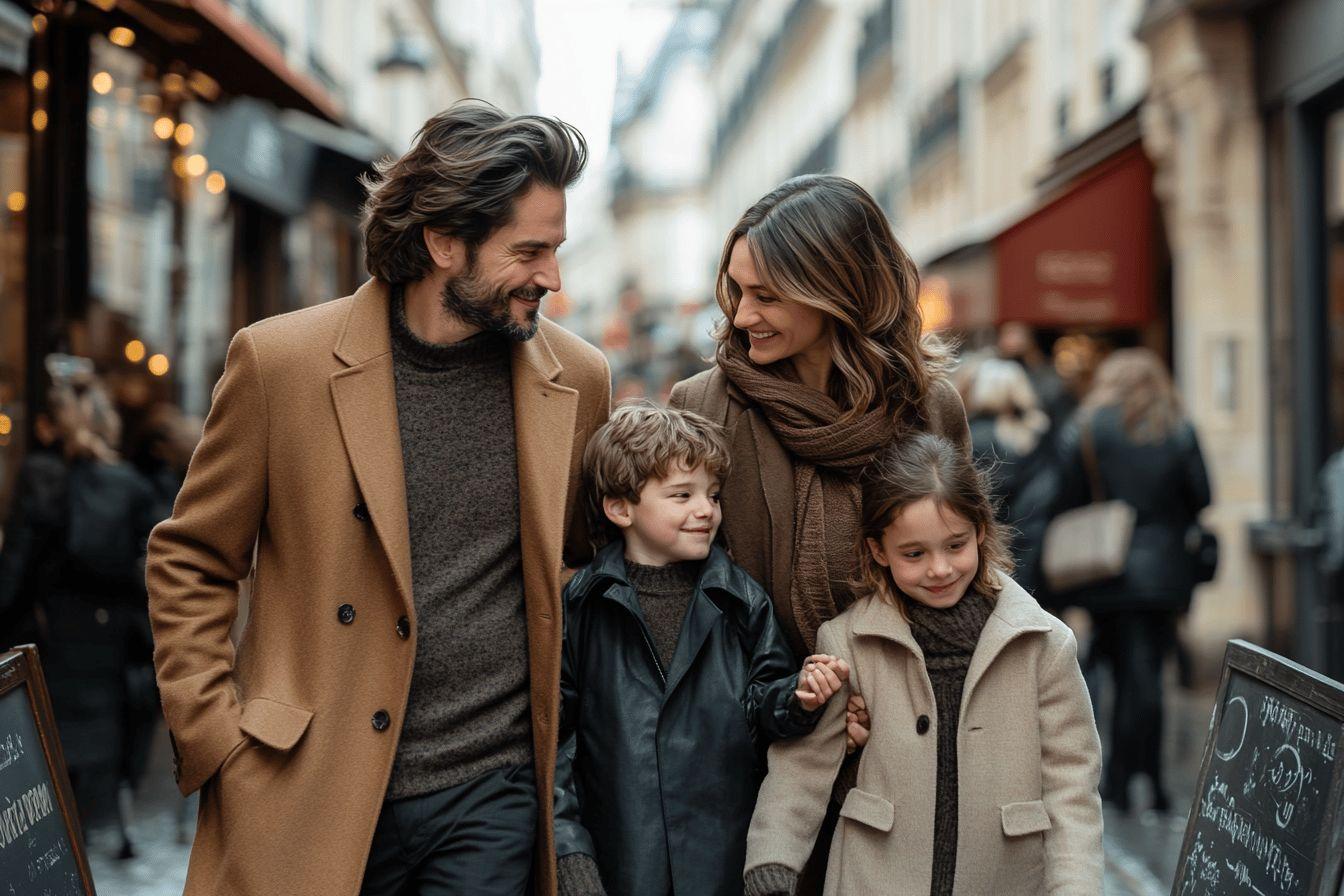 Parents et deux enfants marchant ensemble dans une rue anim&eacute;e