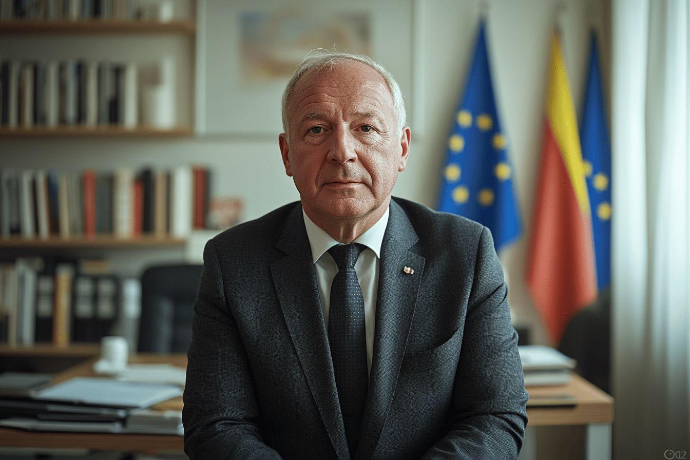 Homme &acirc;g&eacute; en costume gris devant des drapeaux europ&eacute;ens
