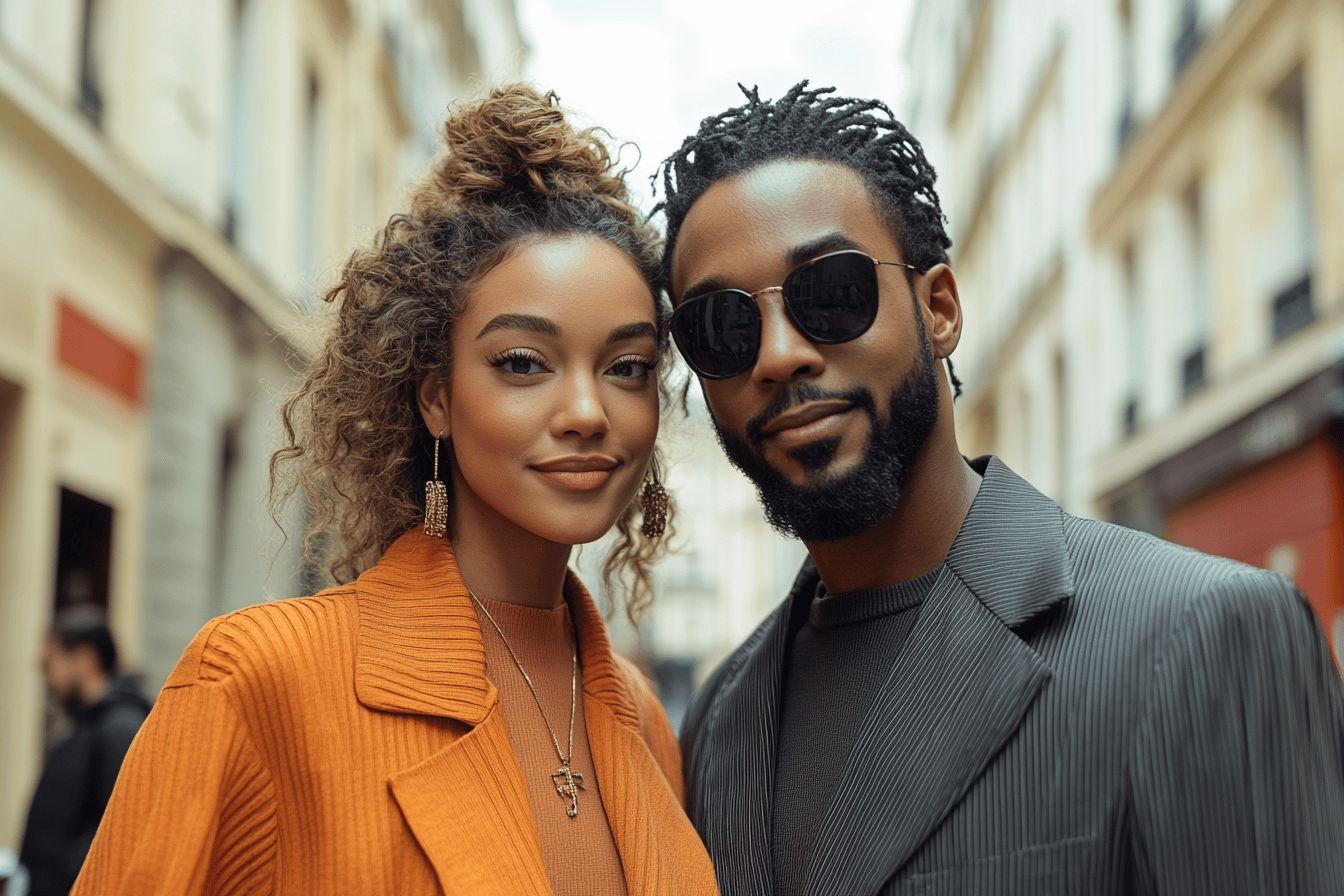 Femme en orange et homme &agrave; lunettes dans une rue