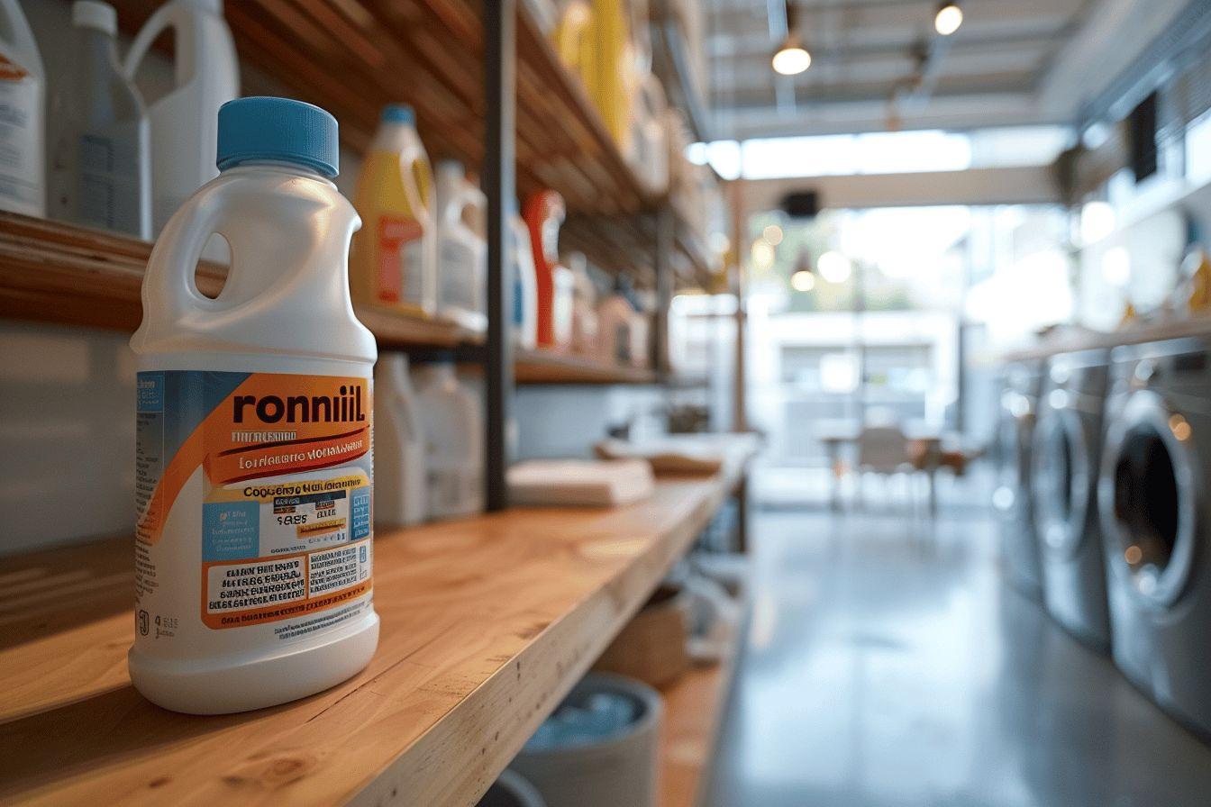 Bouteille de d&eacute;tergent Ronnill sur une &eacute;tag&egrave;re de rangement