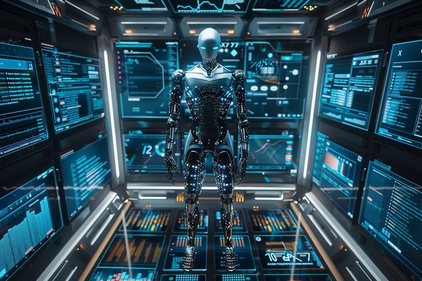 Robot cybernétique au centre d'une salle de contrôle high-tech